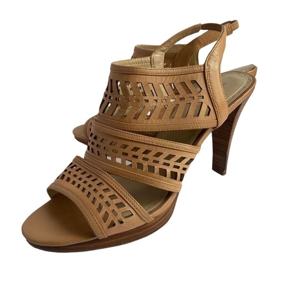 Adrienne Vittadini Nude Leather Prim Platform Sandal Sling Back Heels Sz 10M - Picture 1 of 9